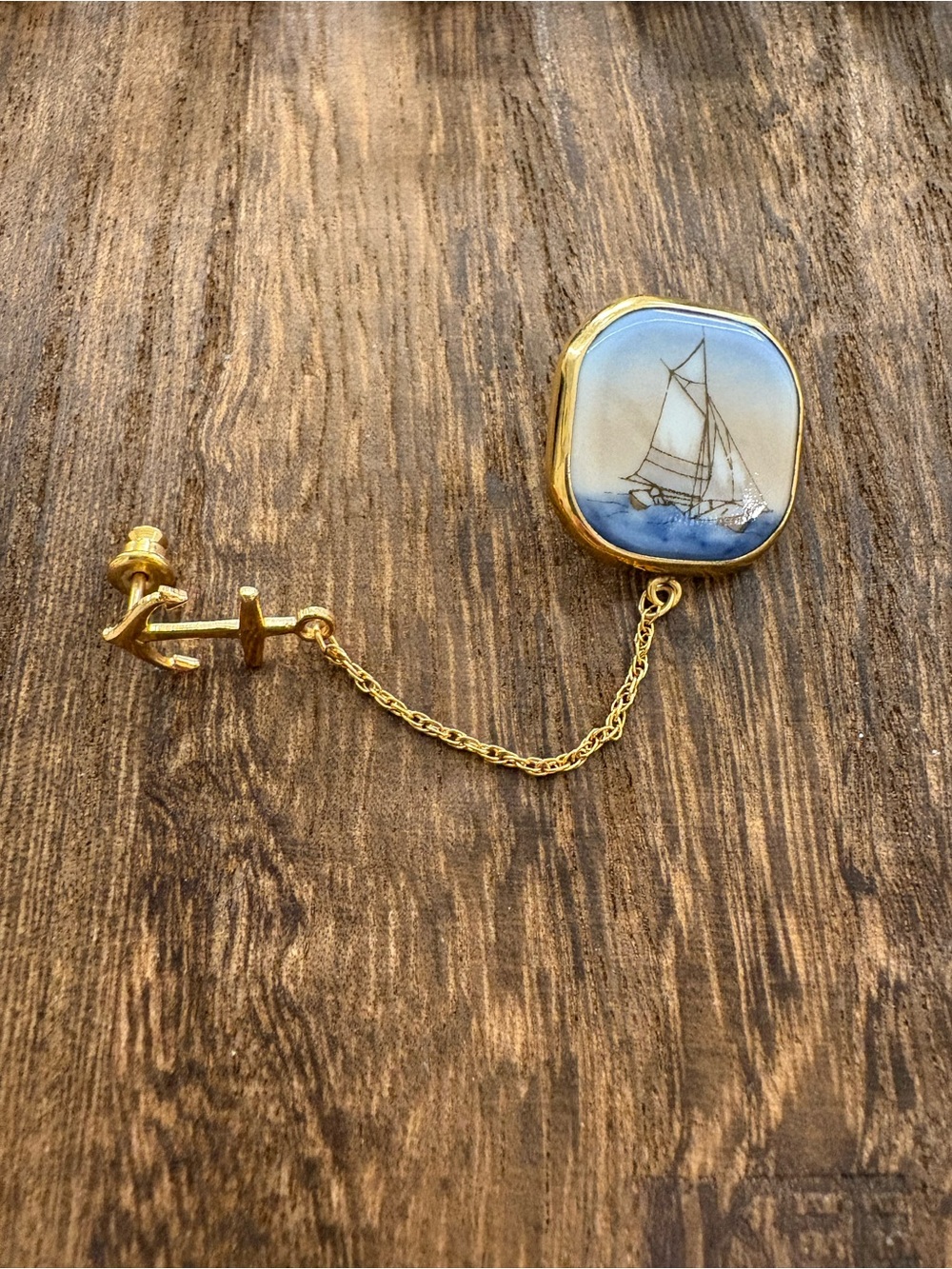 Vintage 1/20- 12Karat Gold-Filled Nautical Sailboat and Anchor Tack Blue & Gold